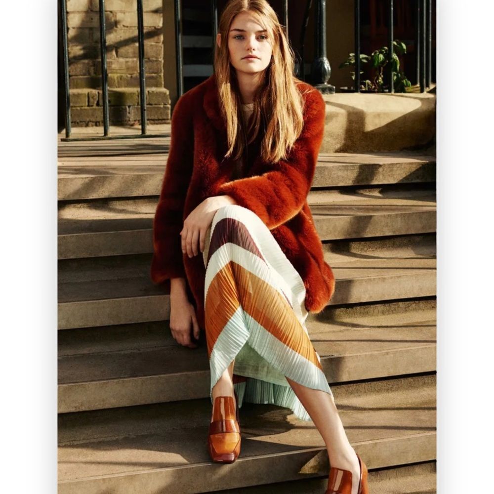 Zara Trafaluc Pleated Midi Skirt Medium Womens M Fall Stripes Elastic High Waist